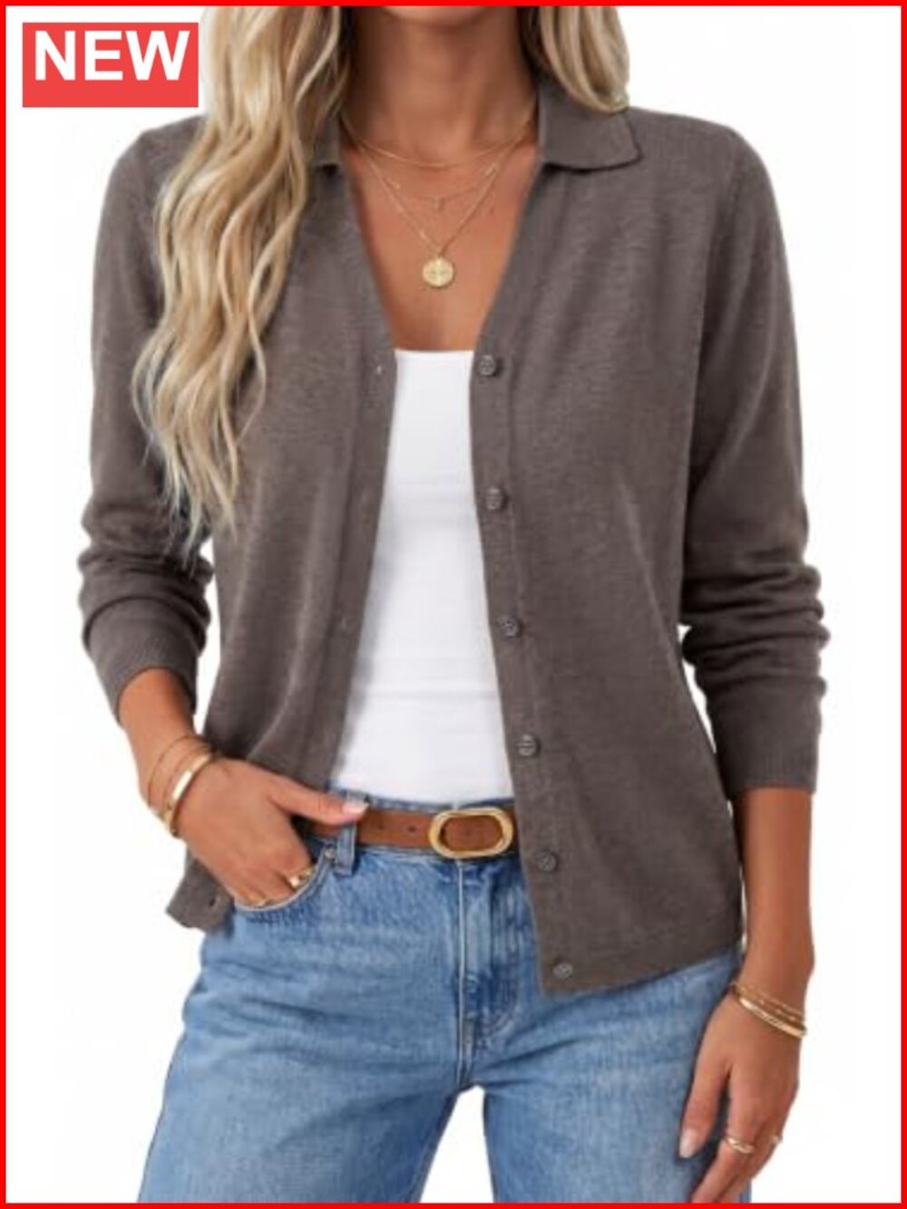 Women's Wool Blend Collared V-Neck Cardigan Long Sleeve Button Front